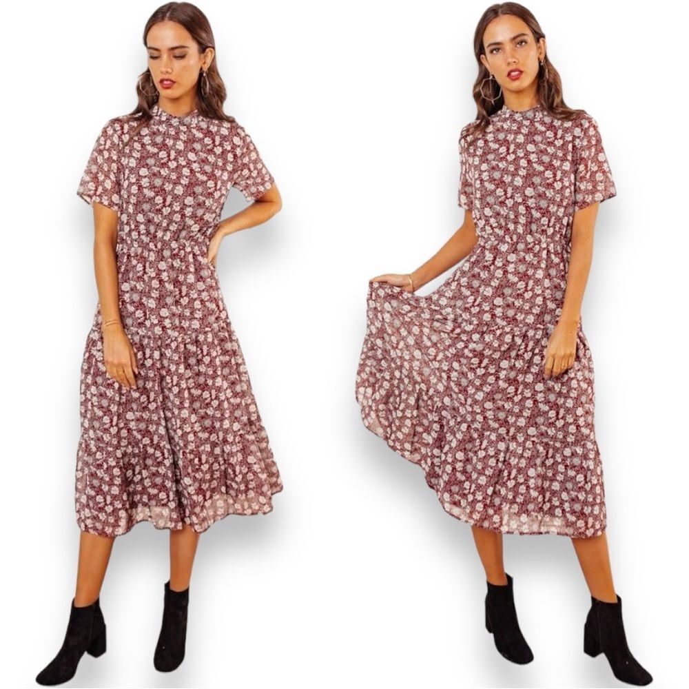 Bohme Tessa Floral Midi Dress Large L Women’s Wine High Neck Tiered Chiffon Red